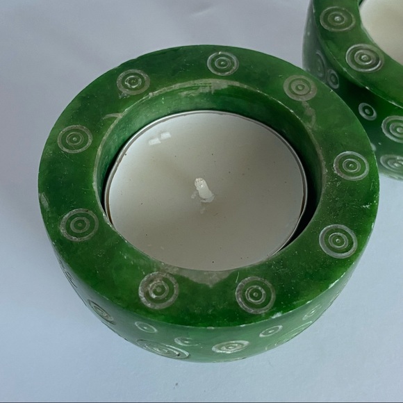 Soapstone Votive Candle Holders 2 Kelly Green Carved Round Etched swirled EUC - Picture 11 of 14